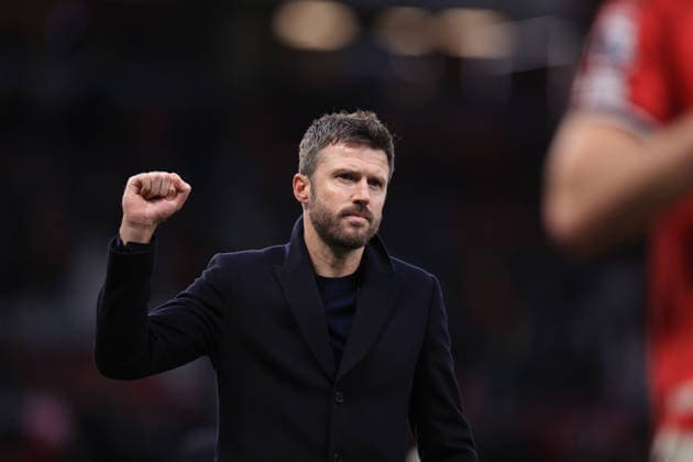Football - Premier League - Manchester United, ManU v Fulham 1st February 2026 - Premier League - Manchester United v Fulham - Manchester United interim manager Michael Carrick celebrates after the match - Photo: Simon Stacpoole Offside. Manchester UK Copyright: xSimonxStacpoolexOffside