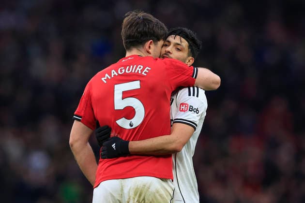 Manchester United, ManU v Fulham, Premier League Harry Maguire (5) of Manchester United embraces Raul Jimenez (7) of Fulham at the end of the Premier League match between Manchester United and Fulham at Old Trafford, Manchester, UK on 1 February 2026. Manchester Old Trafford Greater Manchester UK Editorial use only DataCo restrictions apply See www.football-dataco.com , Copyright: xConorxMolloyx PSI-23668-0101
