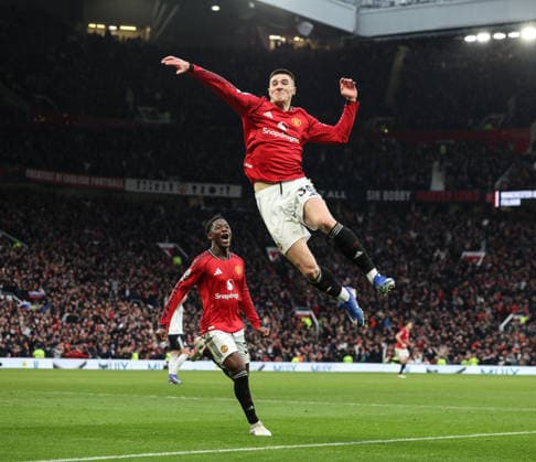 Manchester United, ManU v Fulham, Premier League, Old Trafford, Manchester. Times Photographer Bradley Ormesher. 1.2.2026. Manchester United v Fulham, Premier League, Old Trafford, Manchester. Times Photographer Bradley Ormesher. Benjamin Sesko celebrates after scoring the winner in injury time.  Copyright: xBradleyxOrmesherx NINTCHDBPICT001055784049