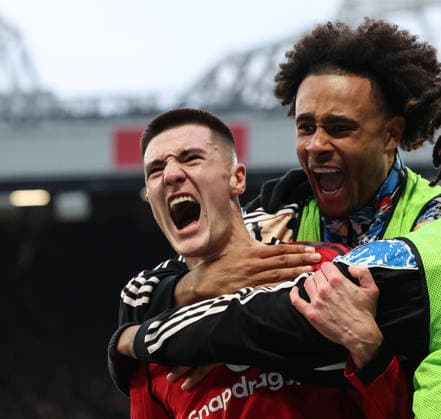 Manchester United, ManU v Fulham, Premier League, Old Trafford, Manchester. Times Photographer Bradley Ormesher. 1.2.2026. Manchester United v Fulham, Premier League, Old Trafford, Manchester. Times Photographer Bradley Ormesher. Benjamin Sesko celebrates after scoring the winner in injury time.  Copyright: xBradleyxOrmesherx NINTCHDBPICT001055784279