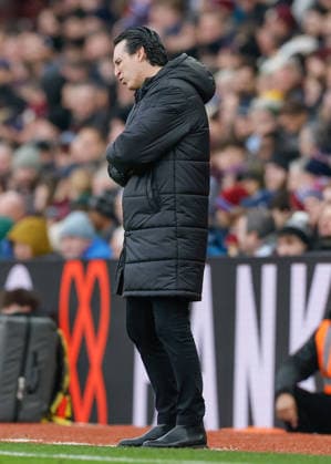Birmingham, England, 1st February 2026. Unai Emery head coach of Aston Villa reacts during the Aston Villa vs Brentford Premier League match at Villa Park, Birmingham. Picture credit should read: Cody Froggatt Sportimage EDITORIAL USE ONLY. No use with unauthorised audio, video, data, fixture lists, club league logos or live services. Online in-match use limited to 120 images, no video emulation. No use in betting, games or single club league player publications. SPI_045_CF_ASTON_VILLA_V_BRENTFORD SPI-4503-0047