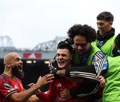 Manchester United, ManU v Fulham, Premier League, Old Trafford, Manchester. Times Photographer Bradley Ormesher. 1.2.2026. Manchester United v Fulham, Premier League, Old Trafford, Manchester. Times Photographer Bradley Ormesher. Benjamin Sesko celebrates after scoring the winner in injury time.  Copyright: xBradleyxOrmesherx NINTCHDBPICT001055784401