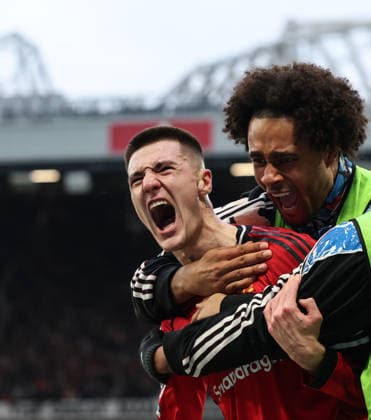 Manchester United, ManU v Fulham, Premier League, Old Trafford, Manchester. Times Photographer Bradley Ormesher. 1.2.2026. Manchester United v Fulham, Premier League, Old Trafford, Manchester. Times Photographer Bradley Ormesher. Benjamin Sesko celebrates after scoring the winner in injury time.  Copyright: xBradleyxOrmesherx NINTCHDBPICT001055784455