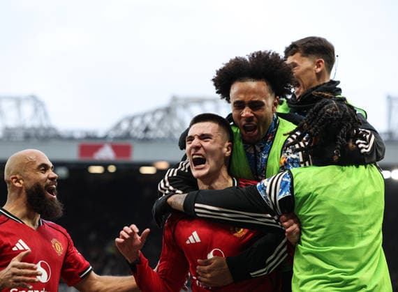 Manchester United, ManU v Fulham, Premier League, Old Trafford, Manchester. Times Photographer Bradley Ormesher. 1.2.2026. Manchester United v Fulham, Premier League, Old Trafford, Manchester. Times Photographer Bradley Ormesher. Benjamin Sesko celebrates after scoring the winner in injury time.  Copyright: xBradleyxOrmesherx NINTCHDBPICT001055786644