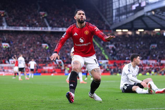 Football - Premier League - Manchester United, ManU v Fulham 1st February 2026 - Premier League - Manchester United v Fulham - Matheus Cunha of Manchester United celebrates after scoring their 2nd goal - Photo: Simon Stacpoole Offside. Manchester UK Copyright: xSimonxStacpoolexOffside