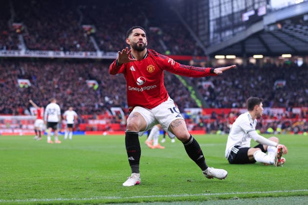 Football - Premier League - Manchester United, ManU v Fulham 1st February 2026 - Premier League - Manchester United v Fulham - Matheus Cunha of Manchester United celebrates after scoring their 2nd goal - Photo: Simon Stacpoole Offside. Manchester UK Copyright: xSimonxStacpoolexOffside