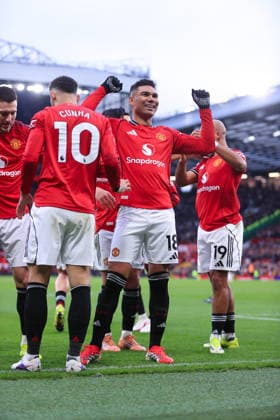 Football - Premier League - Manchester United, ManU v Fulham 1st February 2026 - Premier League - Manchester United v Fulham - Casemiro of Manchester United celebrates - Photo: Simon Stacpoole Offside. Manchester UK Copyright: xSimonxStacpoolexOffside