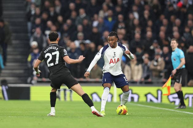 1st February 2026; Tottenham Hotspur Stadium, London, England; Premier League Football, Tottenham Hotspur versus Manchester City; Destiny Udogie of Tottenham Hotspur takes on Matheus Nunes of Manchester City  KatiexChan Content restricted for UK based newspaper