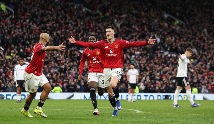 Manchester United, ManU v Fulham, Premier League, Old Trafford, Manchester. Times Photographer Bradley Ormesher. 1.2.2026. Manchester United v Fulham, Premier League, Old Trafford, Manchester. Times Photographer Bradley Ormesher. Benjamin Sesko celebrates after scoring the winner in injury time.  Copyright: xBradleyxOrmesherx NINTCHDBPICT001055788532