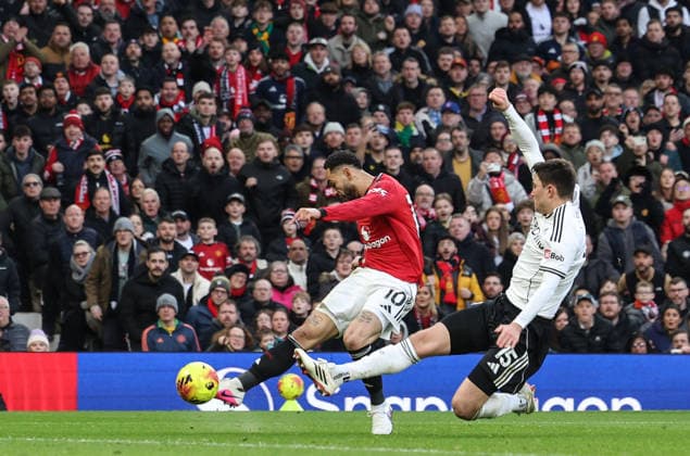 Manchester United, ManU v Fulham, Premier League, Old Trafford, Manchester. Times Photographer Bradley Ormesher. 1.2.2026. Manchester United v Fulham, Premier League, Old Trafford, Manchester. Times Photographer Bradley Ormesher. Matheus Cunha scores United’s 2nd goal.  Copyright: xBradleyxOrmesherx NINTCHDBPICT001055789328