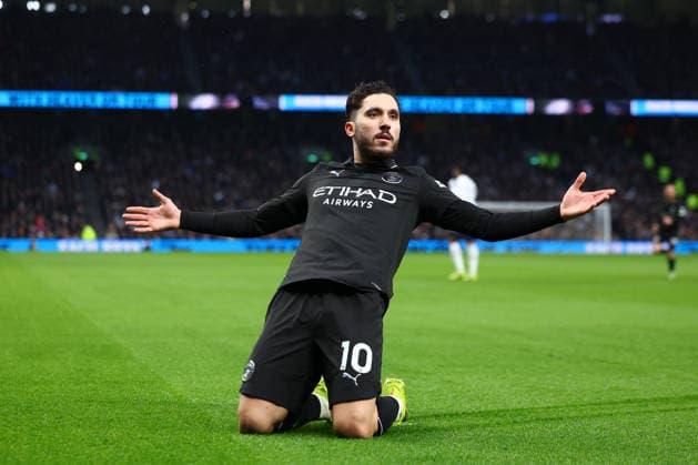 London, England, 1st February 2026. Rayan Cherki of Manchester City celebrates after scoring to make it 1-0 during the Tottenham Hotspur vs Manchester City Premier League match at the Tottenham Hotspur Stadium, London. Picture credit should read: Paul Terry Sportimage EDITORIAL USE ONLY. No use with unauthorised audio, video, data, fixture lists, club league logos or live services. Online in-match use limited to 120 images, no video emulation. No use in betting, games or single club league player publications. SPI_019_PT_Tottenham_Man_City SPI-4504-0019