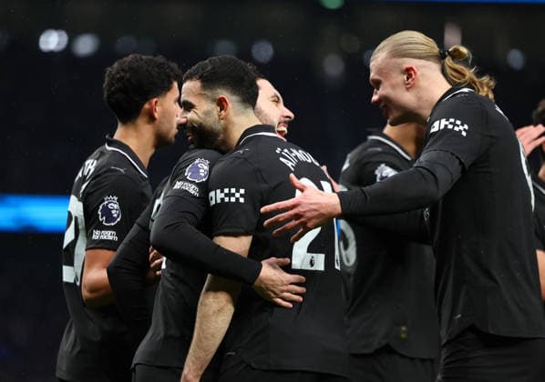 London, England, 1st February 2026. Rayan Cherki (L) of Manchester City celebrates with Rayan Ait-Nouri (C) and Erling Haaland after scoring to make it 1-0 during the Tottenham Hotspur vs Manchester City Premier League match at the Tottenham Hotspur Stadium, London. Picture credit should read: Paul Terry Sportimage EDITORIAL USE ONLY. No use with unauthorised audio, video, data, fixture lists, club league logos or live services. Online in-match use limited to 120 images, no video emulation. No use in betting, games or single club league player publications. SPI_024_PT_Tottenham_Man_City SPI-4504-0024