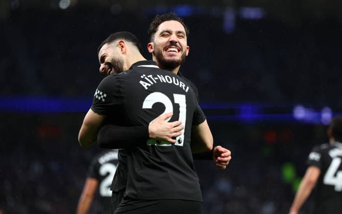 London, England, 1st February 2026. Rayan Cherki (R) of Manchester City celebrates with Rayan Ait-Nouri after scoring to make it 1-0 during the Tottenham Hotspur vs Manchester City Premier League match at the Tottenham Hotspur Stadium, London. Picture credit should read: Paul Terry Sportimage EDITORIAL USE ONLY. No use with unauthorised audio, video, data, fixture lists, club league logos or live services. Online in-match use limited to 120 images, no video emulation. No use in betting, games or single club league player publications. SPI_027_PT_Tottenham_Man_City SPI-4504-0027