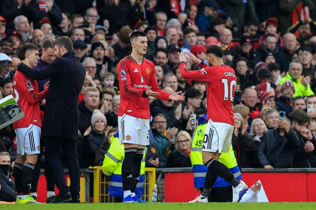 Manchester United, ManU v Fulham, Premier League Matheus Cunha (10) is substituted by Benjamin Sesko (30) of Manchester United during the Premier League match between Manchester United and Fulham at Old Trafford, Manchester, UK on 1 February 2026. Manchester Old Trafford Greater Manchester UK Editorial use only DataCo restrictions apply See www.football-dataco.com , Copyright: xConorxMolloyx PSI-23668-0124