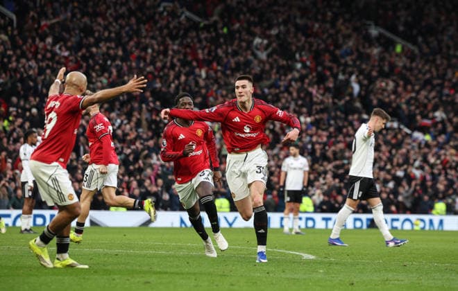 Manchester United, ManU v Fulham, Premier League, Old Trafford, Manchester. Times Photographer Bradley Ormesher. 1.2.2026. Manchester United v Fulham, Premier League, Old Trafford, Manchester. Times Photographer Bradley Ormesher. Benjamin Sesko celebrates after scoring the winner in injury time.  Copyright: xBradleyxOrmesherx NINTCHDBPICT001055790513