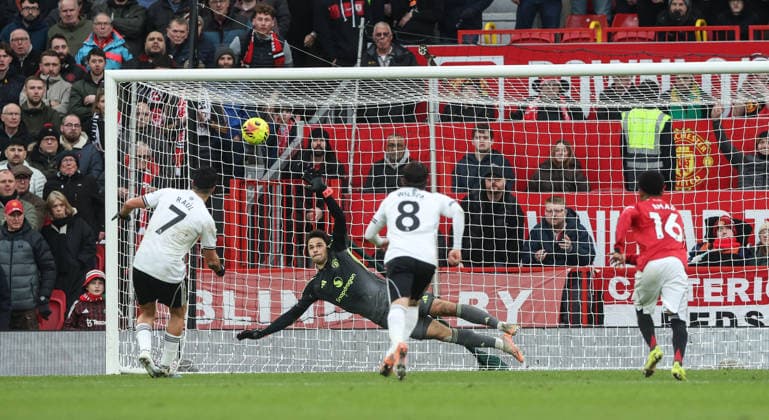 Manchester United, ManU v Fulham, Premier League, Old Trafford, Manchester. Times Photographer Bradley Ormesher. 1.2.2026. Manchester United v Fulham, Premier League, Old Trafford, Manchester. Times Photographer Bradley Ormesher. Raul Jimenez scores Fulham’s 1st goal from the penalty spot.  Copyright: xBradleyxOrmesherx NINTCHDBPICT001055793465