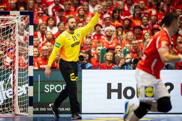 HERNING, DENMARK - FEBRUARY 1: goalie celebration joy after saved ball Andreas Wolff (Germany, 33) during the EHF EURO 2026 Final match between Denmark vs Germany at Jyske Bank Boxen Arena on February 1, 2026 in Herning, Denmark. Midtjylland Denmark Copyright: xMarioxM.xKobergx