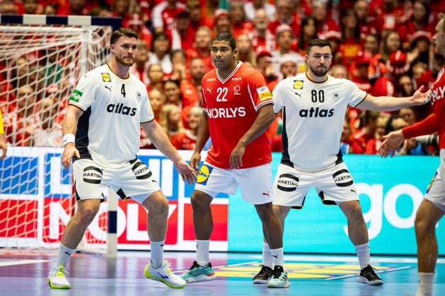 HERNING, DENMARK - FEBRUARY 1: Johannes Golla (Germany, 04), Mads Mensah Larsen (Denmark, 22), Jannik Kohlbacher (Germany, 80) during the EHF EURO 2026 Final match between Denmark vs Germany at Jyske Bank Boxen Arena on February 1, 2026 in Herning, Denmark. Midtjylland Denmark Copyright: xMarioxM.xKobergx