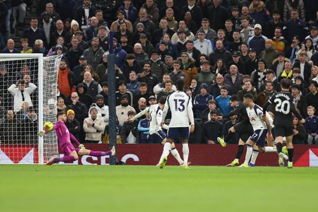 1st February 2026; Tottenham Hotspur Stadium, London, England; Premier League Football, Tottenham Hotspur versus Manchester City; goalkeeper Guglielmo Vicario of Tottenham Hotspur saves from Rayan Cherki of Manchester City  KatiexChan Content restricted for UK based newspaper