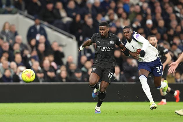 1st February 2026; Tottenham Hotspur Stadium, London, England; Premier League Football, Tottenham Hotspur versus Manchester City; Marc Guehi of Manchester City holds off Randal Kolo Muani of Tottenham Hotspur  KatiexChan Content restricted for UK based newspaper