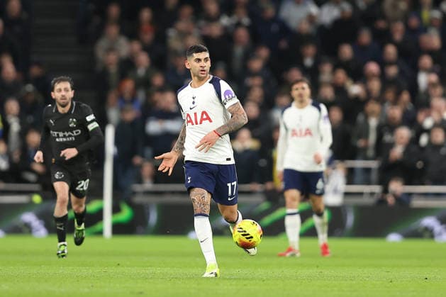 1st February 2026; Tottenham Hotspur Stadium, London, England; Premier League Football, Tottenham Hotspur versus Manchester City; Cristian Romero of Tottenham Hotspur on the ball  KatiexChan Content restricted for UK based newspaper