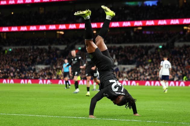 London, England, 1st February 2026. Antoine Semenyo of Manchester City celebrates after scoring to make it 2-0 during the Tottenham Hotspur vs Manchester City Premier League match at the Tottenham Hotspur Stadium, London. Picture credit should read: Paul Terry Sportimage EDITORIAL USE ONLY. No use with unauthorised audio, video, data, fixture lists, club league logos or live services. Online in-match use limited to 120 images, no video emulation. No use in betting, games or single club league player publications. SPI_037_PT_Tottenham_Man_City SPI-4504-0037