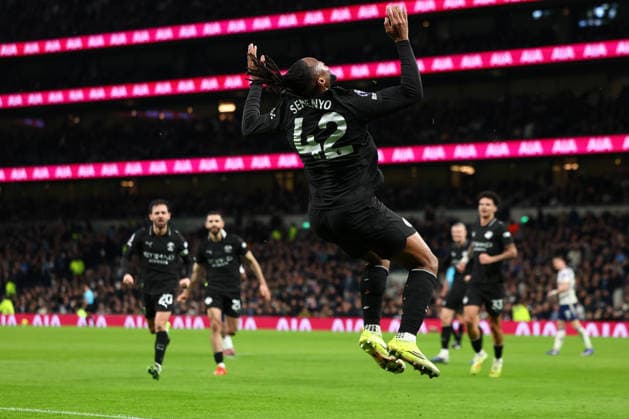 London, England, 1st February 2026. Antoine Semenyo of Manchester City celebrates after scoring to make it 2-0 during the Tottenham Hotspur vs Manchester City Premier League match at the Tottenham Hotspur Stadium, London. Picture credit should read: Paul Terry Sportimage EDITORIAL USE ONLY. No use with unauthorised audio, video, data, fixture lists, club league logos or live services. Online in-match use limited to 120 images, no video emulation. No use in betting, games or single club league player publications. SPI_038_PT_Tottenham_Man_City SPI-4504-0038