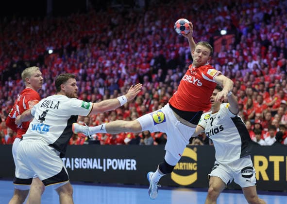Denmark v Germany - Men s EHF EURO 2026 Final Thomas Arnoldsen of Denmark shoots during the Men s EHF EURO 2026 Final match between Denmark and Germany at Jyske Bank Boxen on February 1, 2026 in Herning, Denmark.  SanjinxStrukic PIXSELL