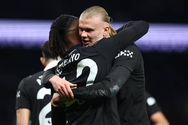 London, England, 1st February 2026. Antoine Semenyo of Manchester City celebrates with Erling Haaland after scoring to make it 2-0 during the Tottenham Hotspur vs Manchester City Premier League match at the Tottenham Hotspur Stadium, London. Picture credit should read: Paul Terry Sportimage EDITORIAL USE ONLY. No use with unauthorised audio, video, data, fixture lists, club league logos or live services. Online in-match use limited to 120 images, no video emulation. No use in betting, games or single club league player publications. SPI_044_PT_Tottenham_Man_City SPI-4504-0044