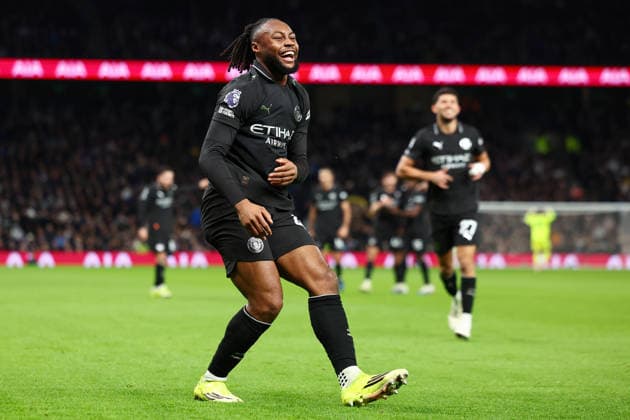 London, England, 1st February 2026. Antoine Semenyo of Manchester City celebrates after scoring to make it 2-0 during the Tottenham Hotspur vs Manchester City Premier League match at the Tottenham Hotspur Stadium, London. Picture credit should read: Paul Terry Sportimage EDITORIAL USE ONLY. No use with unauthorised audio, video, data, fixture lists, club league logos or live services. Online in-match use limited to 120 images, no video emulation. No use in betting, games or single club league player publications. SPI_045_PT_Tottenham_Man_City SPI-4504-0045
