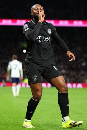 London, England, 1st February 2026. Antoine Semenyo of Manchester City celebrates after scoring to make it 2-0 during the Tottenham Hotspur vs Manchester City Premier League match at the Tottenham Hotspur Stadium, London. Picture credit should read: Paul Terry Sportimage EDITORIAL USE ONLY. No use with unauthorised audio, video, data, fixture lists, club league logos or live services. Online in-match use limited to 120 images, no video emulation. No use in betting, games or single club league player publications. SPI_046_PT_Tottenham_Man_City SPI-4504-0046
