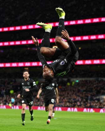 London, England, 1st February 2026. Antoine Semenyo of Manchester City celebrates after scoring to make it 2-0 during the Tottenham Hotspur vs Manchester City Premier League match at the Tottenham Hotspur Stadium, London. Picture credit should read: Paul Terry Sportimage EDITORIAL USE ONLY. No use with unauthorised audio, video, data, fixture lists, club league logos or live services. Online in-match use limited to 120 images, no video emulation. No use in betting, games or single club league player publications. SPI_051_PT_Tottenham_Man_City SPI-4504-0051