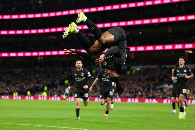London, England, 1st February 2026. Antoine Semenyo of Manchester City celebrates after scoring to make it 2-0 during the Tottenham Hotspur vs Manchester City Premier League match at the Tottenham Hotspur Stadium, London. Picture credit should read: Paul Terry Sportimage EDITORIAL USE ONLY. No use with unauthorised audio, video, data, fixture lists, club league logos or live services. Online in-match use limited to 120 images, no video emulation. No use in betting, games or single club league player publications. SPI_052_PT_Tottenham_Man_City SPI-4504-0052