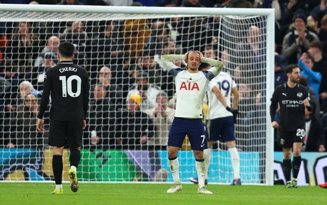 London, England, 1st February 2026. Xavi Simons of Tottenham Hotspur reacts after his team miss a goal scoring opportunity during the Tottenham Hotspur vs Manchester City Premier League match at the Tottenham Hotspur Stadium, London. Picture credit should read: Paul Terry Sportimage EDITORIAL USE ONLY. No use with unauthorised audio, video, data, fixture lists, club league logos or live services. Online in-match use limited to 120 images, no video emulation. No use in betting, games or single club league player publications. SPI_053_PT_Tottenham_Man_City SPI-4504-0053