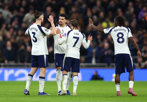 London, England, 1st February 2026. Dominic Solanke (2nd L) of Tottenham Hotspur celebrates after scoring to make it 2-1 during the Tottenham Hotspur vs Manchester City Premier League match at the Tottenham Hotspur Stadium, London. Picture credit should read: Paul Terry Sportimage EDITORIAL USE ONLY. No use with unauthorised audio, video, data, fixture lists, club league logos or live services. Online in-match use limited to 120 images, no video emulation. No use in betting, games or single club league player publications. SPI_054_PT_Tottenham_Man_City SPI-4504-0054