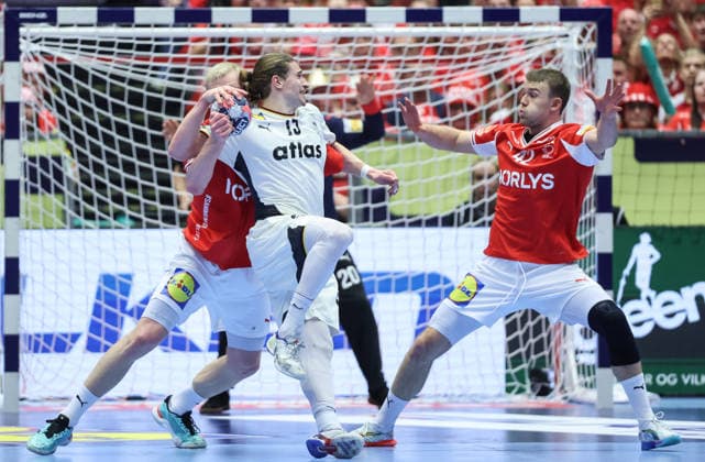 Denmark v Germany - Men s EHF EURO 2026 Final Juri Knorr of Germany in action aganist Thomas Arnoldsen of Denmark during the Men s EHF EURO 2026 Final match between Denmark and Germany at Jyske Bank Boxen on February 1, 2026 in Herning, Denmark.  SanjinxStrukic PIXSELL