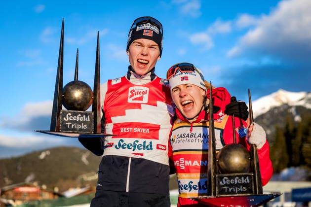 NORDIC COMBINED - FIS WC Seefeld SEEFELD,AUSTRIA,01.FEB.26 - NORDIC SKIING, NORDIC COMBINED, CROSS COUNTRY - FIS World Cup, 7.5km individual Gundersen, ladies. Image shows Jens Luraas Oftebro and Ida Marie Hagen (NOR). Keywords: trophy.  GEPAxpictures xMatthiasxTrinkl