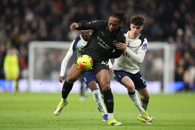 1st February 2026; Tottenham Hotspur Stadium, London, England; Premier League Football, Tottenham Hotspur versus Manchester City; Antoine Semenyo of Manchester City pressured by Archie Gray of Tottenham Hotspur  KatiexChan Content restricted for UK based newspaper