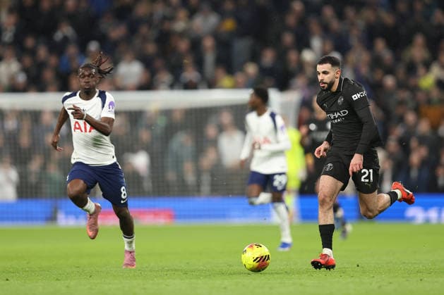 1st February 2026; Tottenham Hotspur Stadium, London, England; Premier League Football, Tottenham Hotspur versus Manchester City; Rayan Ait-Nouri of Manchester City tracked by Yves Bissouma of Tottenham Hotspur  KatiexChan Content restricted for UK based newspaper