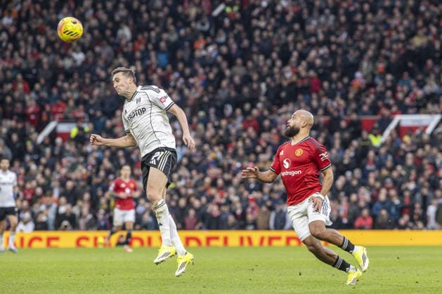 MANCHESTER, ENGLAND - FEBRUARY 01: Timothy Castagne of Fulham and Brian Mbeumo of Manchester United, ManU during a Premier League 2026 match between Manchester United and Fulham at Old Trafford on February 1st, 2026 in Manchester, England. (Photo by Richard Callis Sports Press Photo) Copyright: xRichardxCallis SportsxPressxPhotx Sportspressphoto_SPR87769