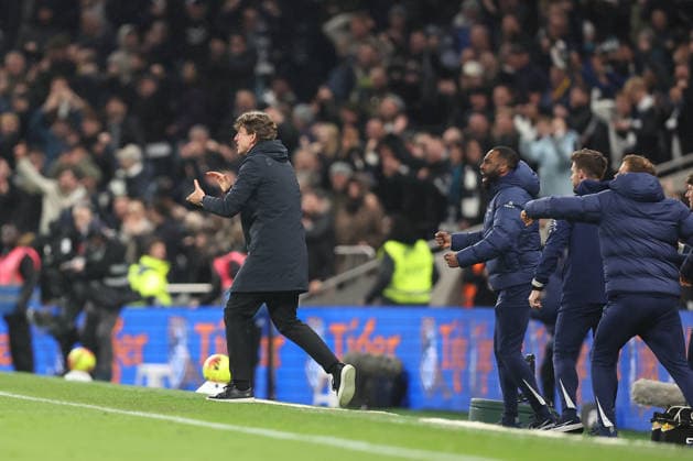 1st February 2026; Tottenham Hotspur Stadium, London, England; Premier League Football, Tottenham Hotspur versus Manchester City; Tottenham Hotspur manager Thomas Frank celebrate his team goal by Dominic Solanke in the 70th minute for 2-2  KatiexChan Content restricted for UK based newspaper