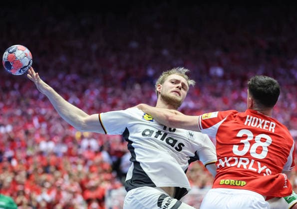 Denmark v Germany - Men s EHF EURO 2026 Final Matthes Langhoff of Germany in action against Mads Hoxer of Denmark during the Men s EHF EURO 2026 Final match between Denmark and Germany at Jyske Bank Boxen on February 1, 2026 in Herning, Denmark.  SanjinxStrukic PIXSELL