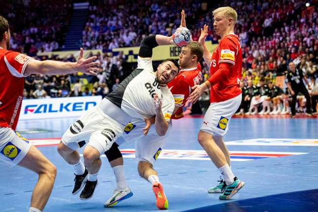 HERNING, DENMARK - FEBRUARY 1: Jannik Kohlbacher (Germany, 80) in attack during the EHF EURO 2026 Final match between Denmark vs Germany at Jyske Bank Boxen Arena on February 1, 2026 in Herning, Denmark. Midtjylland Denmark Copyright: xMarioxM.xKobergx