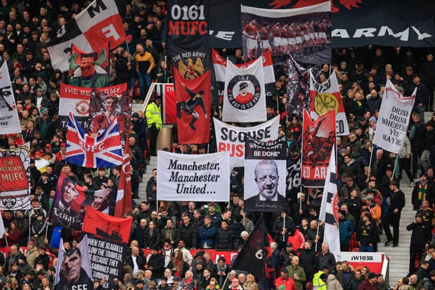 Manchester United, ManU v Fulham, Premier League Stretford End banners ahead of the Premier League match between Manchester United and Fulham at Old Trafford, Manchester, UK on 1 February 2026. Manchester Old Trafford Greater Manchester UK Editorial use only DataCo restrictions apply See www.football-dataco.com , Copyright: xConorxMolloyx PSI-23668-0139