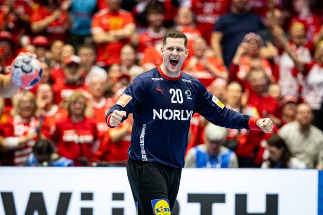 HERNING, DENMARK - FEBRUARY 1: goalie celebration joy after saved ball Kevin Moller (Denmark, 20) during the EHF EURO 2026 Final match between Denmark vs Germany at Jyske Bank Boxen Arena on February 1, 2026 in Herning, Denmark. Midtjylland Denmark Copyright: xMarioxM.xKobergx