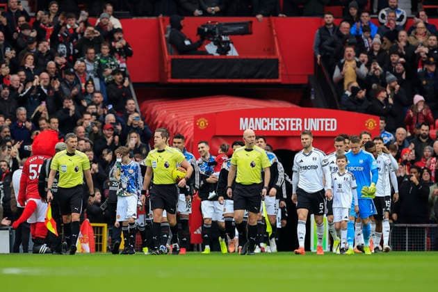 Manchester United, ManU v Fulham, Premier League Referee John Brooks leads the teams out ahead of the Premier League match between Manchester United and Fulham at Old Trafford, Manchester, UK on 1 February 2026. Manchester Old Trafford Greater Manchester UK Editorial use only DataCo restrictions apply See www.football-dataco.com , Copyright: xConorxMolloyx PSI-23668-0140