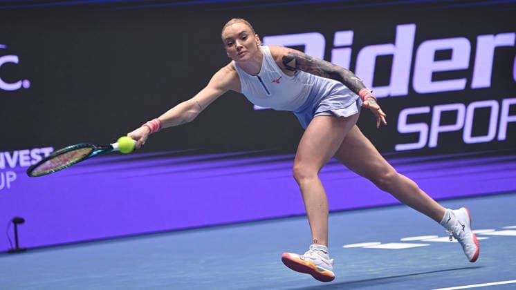 Tereza Martincova of Czech Republic returns a ball to Dalma Galfi of Hungary during the WTA, Tennis Damen women s tennis tournament Ostrava Open match on February 1, 2026, in Ostrava, Czech Republic. (CTKxPhoto JaroslavxOzana) CTKPhotoP2026020105742  CTKPhotoP2026020105742