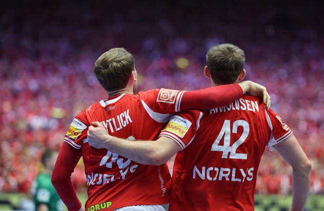 Denmark v Germany - Men s EHF EURO 2026 Final Simon Pytlick and Thomas Arnoldsen of Denmark celebrate after the Men s EHF EURO 2026 Final match between Denmark and Germany at Jyske Bank Boxen on February 1, 2026 in Herning, Denmark.  SanjinxStrukic PIXSELL