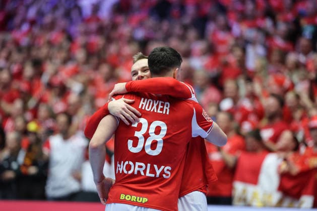 Denmark v Germany - Men s EHF EURO 2026 Final Mathias Gidsel and Mads Hoxer of Denmark celebrate after the Men s EHF EURO 2026 Final match between Denmark and Germany at Jyske Bank Boxen on February 1, 2026 in Herning, Denmark.  SanjinxStrukic PIXSELL