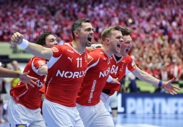 Denmark v Germany - Men s EHF EURO 2026 Final Niclas Kirkelokke, Rasmus Lauge, Johan Hansen and Lasse Moller of Denmark celebrate after the Men s EHF EURO 2026 Final match between Denmark and Germany at Jyske Bank Boxen on February 1, 2026 in Herning, Denmark.  SanjinxStrukic PIXSELL